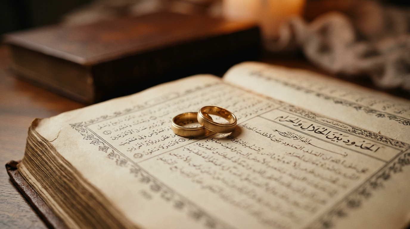A highly professional 16:9 cinematic shot of two wedding rings resting on top of an elegant, old manuscript or book, soft focus background, symbolizing the sacred and binding nature of marital laws and harmony.