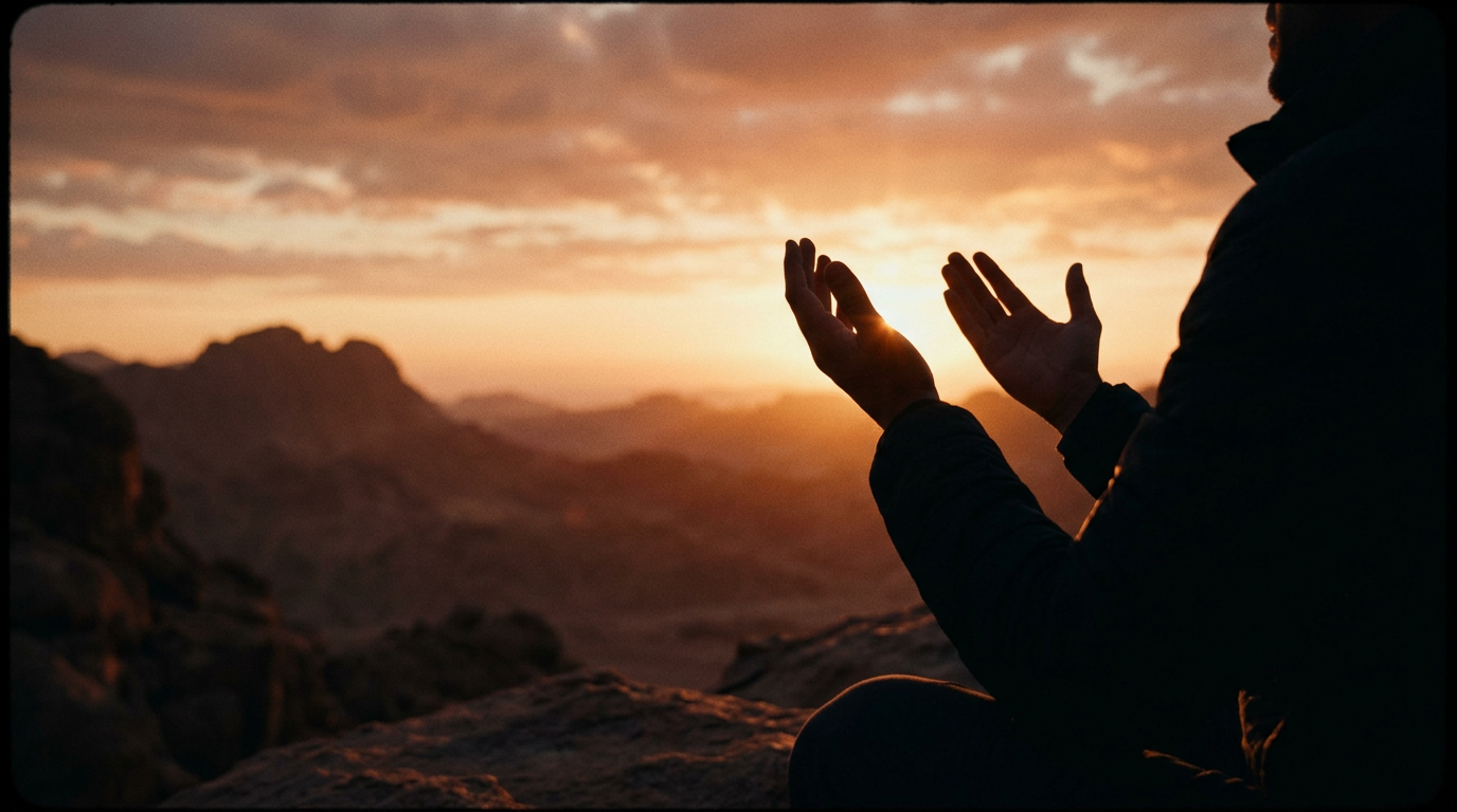 A wide, cinematic shot of hands raised in prayer against a warm, golden sunrise, symbolizing hope, spirituality, and a deep connection, 16:9 aspect ratio.