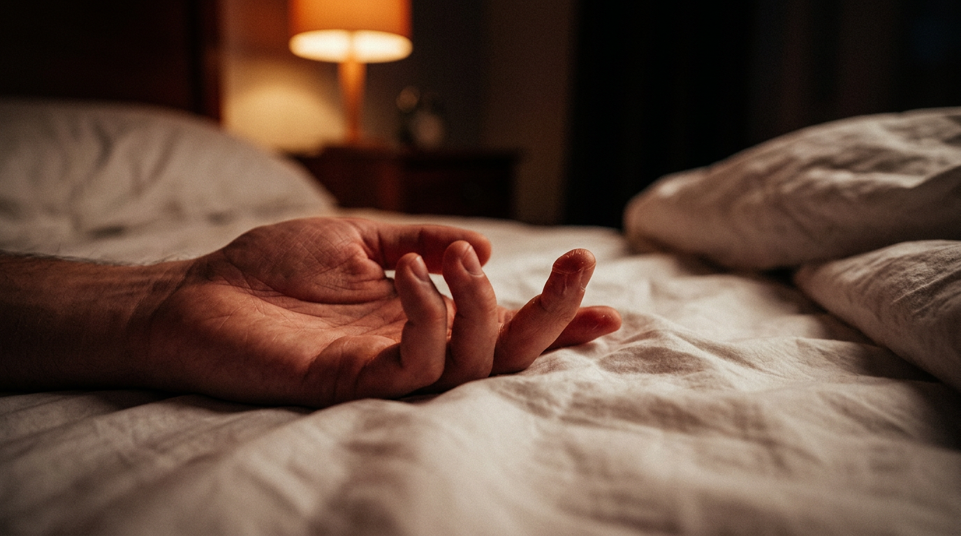 A close-up, cinematic shot of a person's hand resting on soft white bedsheets at night, with the index finger slightly twitching, symbolizing the breaking of sleep paralysis through small movements.