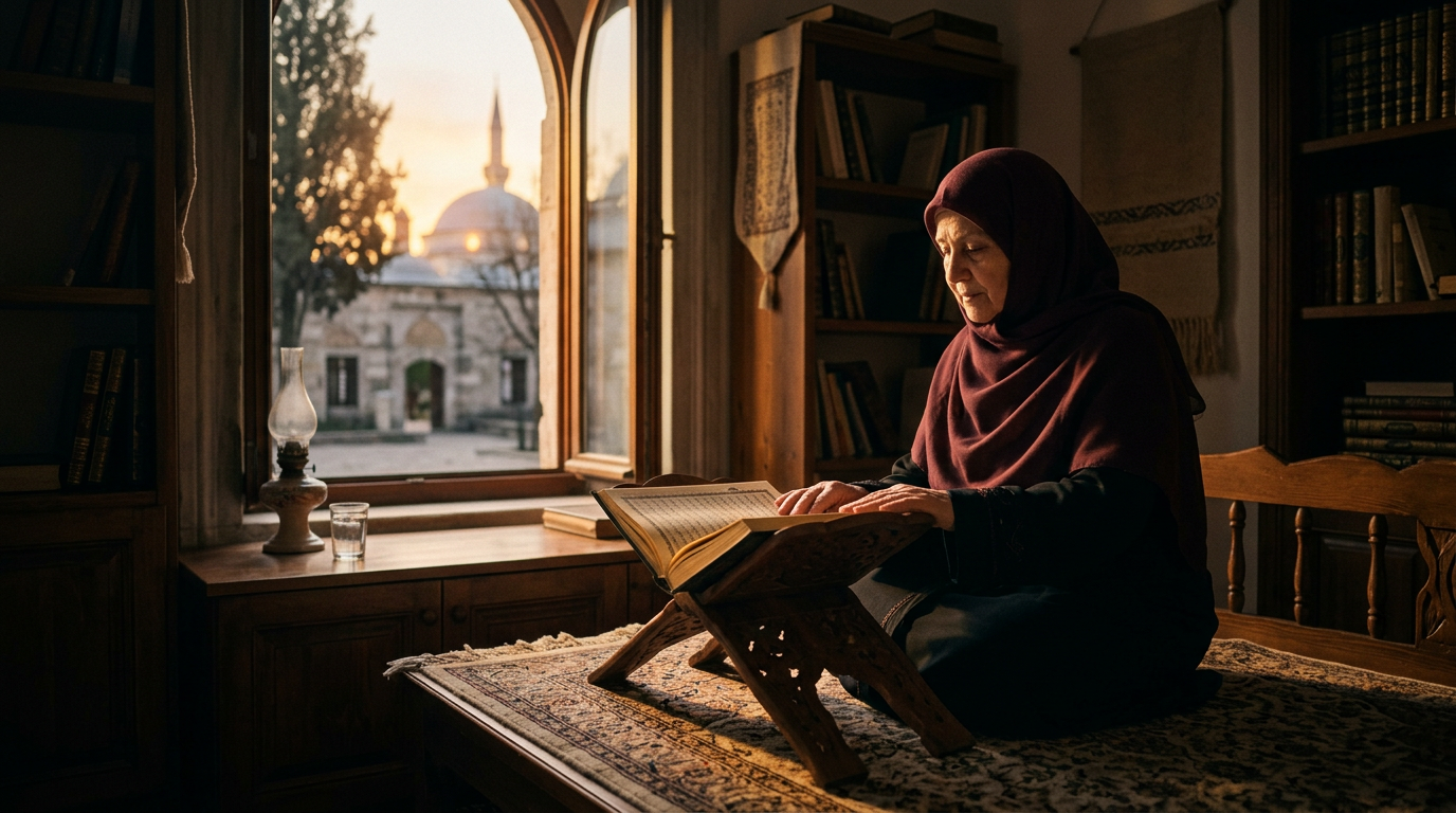 A serene, beautifully lit Islamic study room at dawn, showing an open Quran on a wooden book stand (rahle) with soft morning light streaming through a window, symbolizing spiritual awakening and abundance.