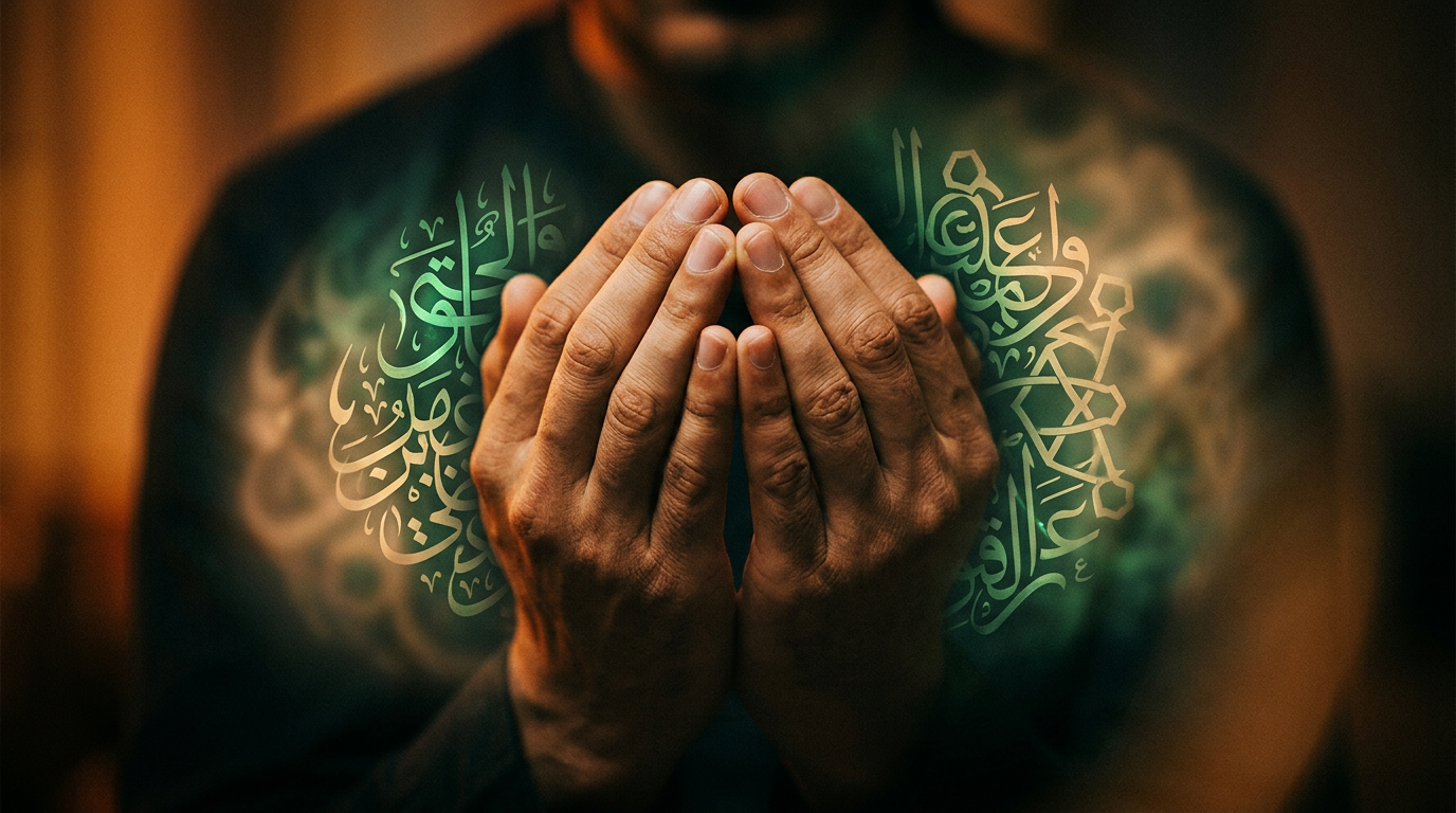 A close-up of hands held in prayer position (dua) with elegant Arabic calligraphy of Islamic geometric patterns in a soft, glowing gold and emerald green background.