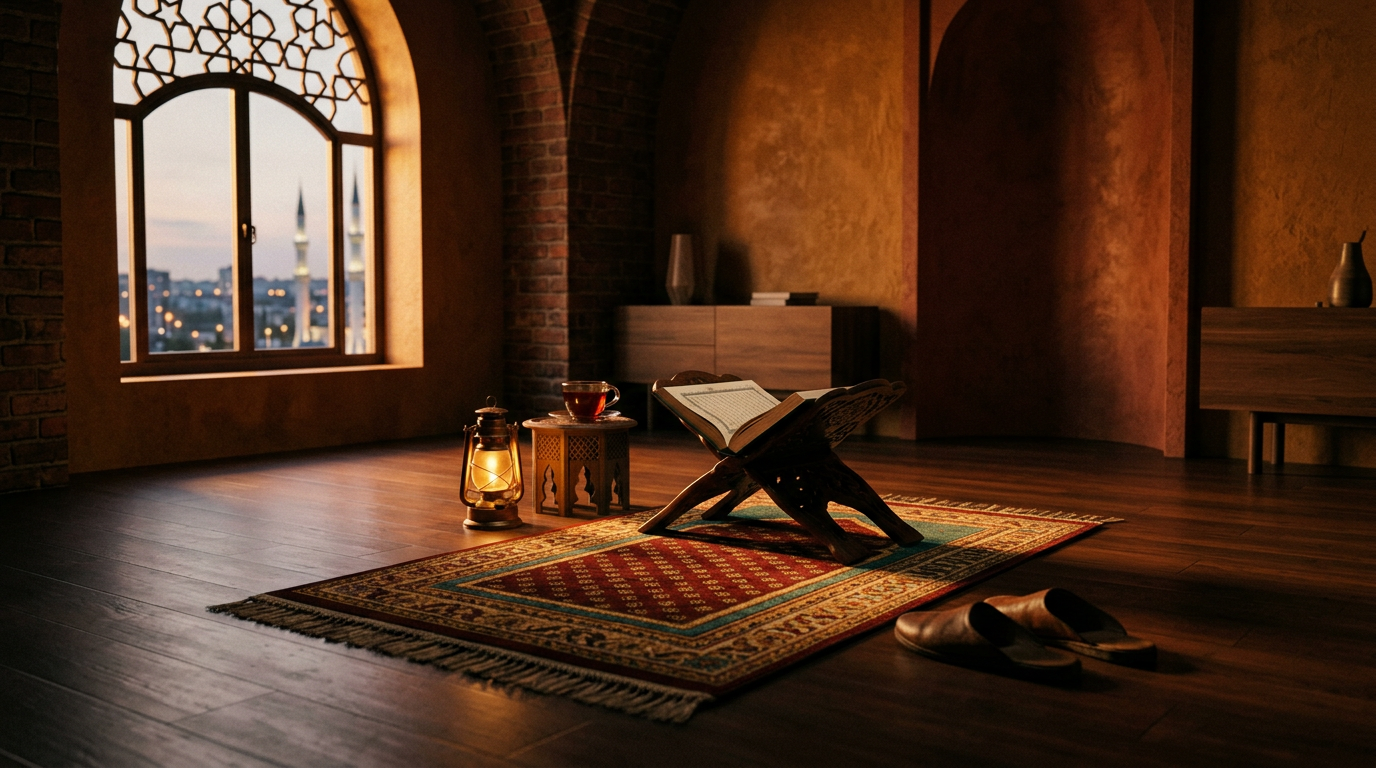 A serene, dimly lit modern Islamic prayer room with a soft light shining on an open prayer rug (seccade) and a Quran on a wooden stand (rahle), representing peace and guidance.