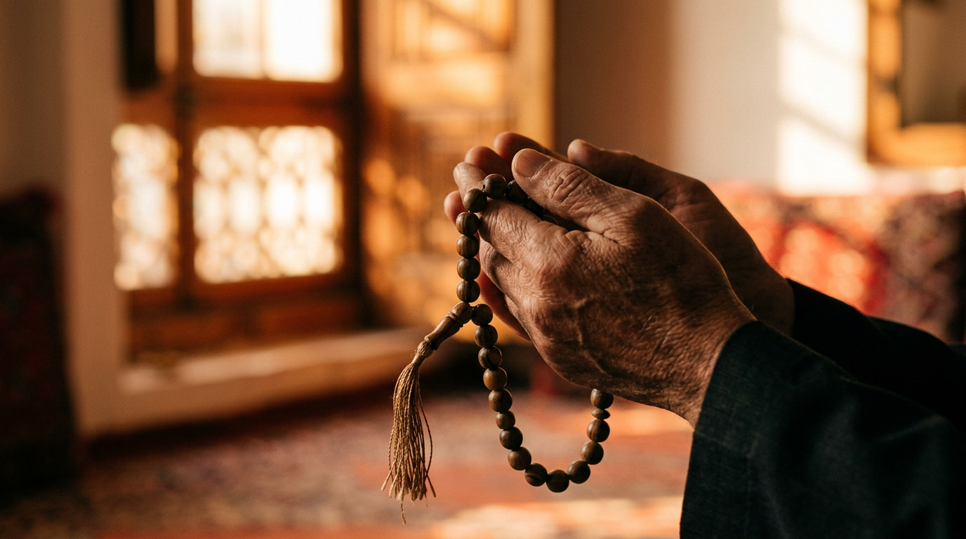 Close-up shot of hands holding traditional wooden prayer beads (tesbih) with a warm, out-of-focus background of golden morning sunlight filtering through a window, symbolizing hope and divine provision.