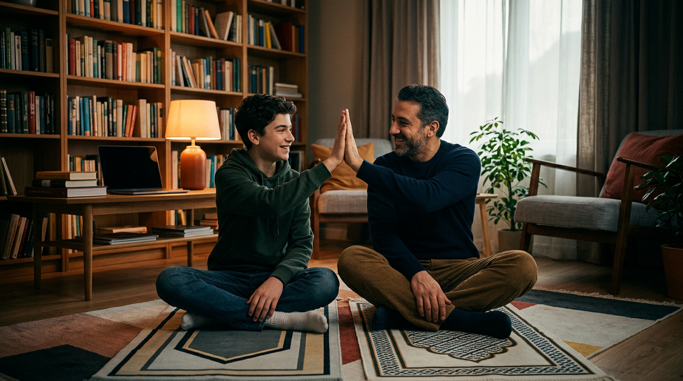 A teenage boy and his father sitting side-by-side on modern minimalist prayer mats, sharing a high-five and smiling warmly with books and a laptop visible in a cozy background