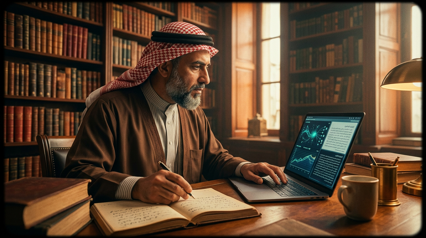 A modern Islamic scholar in traditional attire sitting in a library filled with old leather-bound books, working on a sleek modern laptop showing complex data flow graphs and Arabic text side-by-side.