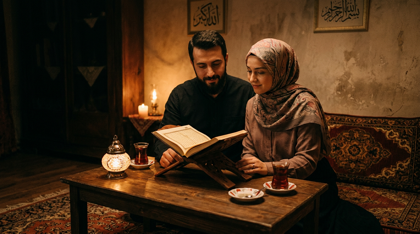 A warm, dimly lit room with Islamic calligraphy on the wall, a traditional wooden book stand called rahle with an open Quran, and two cups of Turkish tea casting a cozy, peaceful glow on a wooden table, representing marital peace and spiritual warmth.