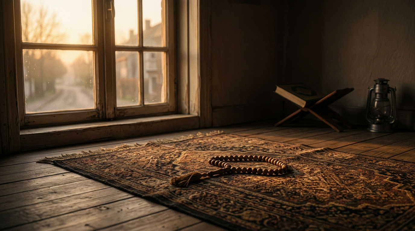 A serene morning scene showing golden sunlight filtering through a window onto a handmade prayer rug, with a set of prayer beads called tesbih lying gently on top, capturing the quiet essence of early morning worship.