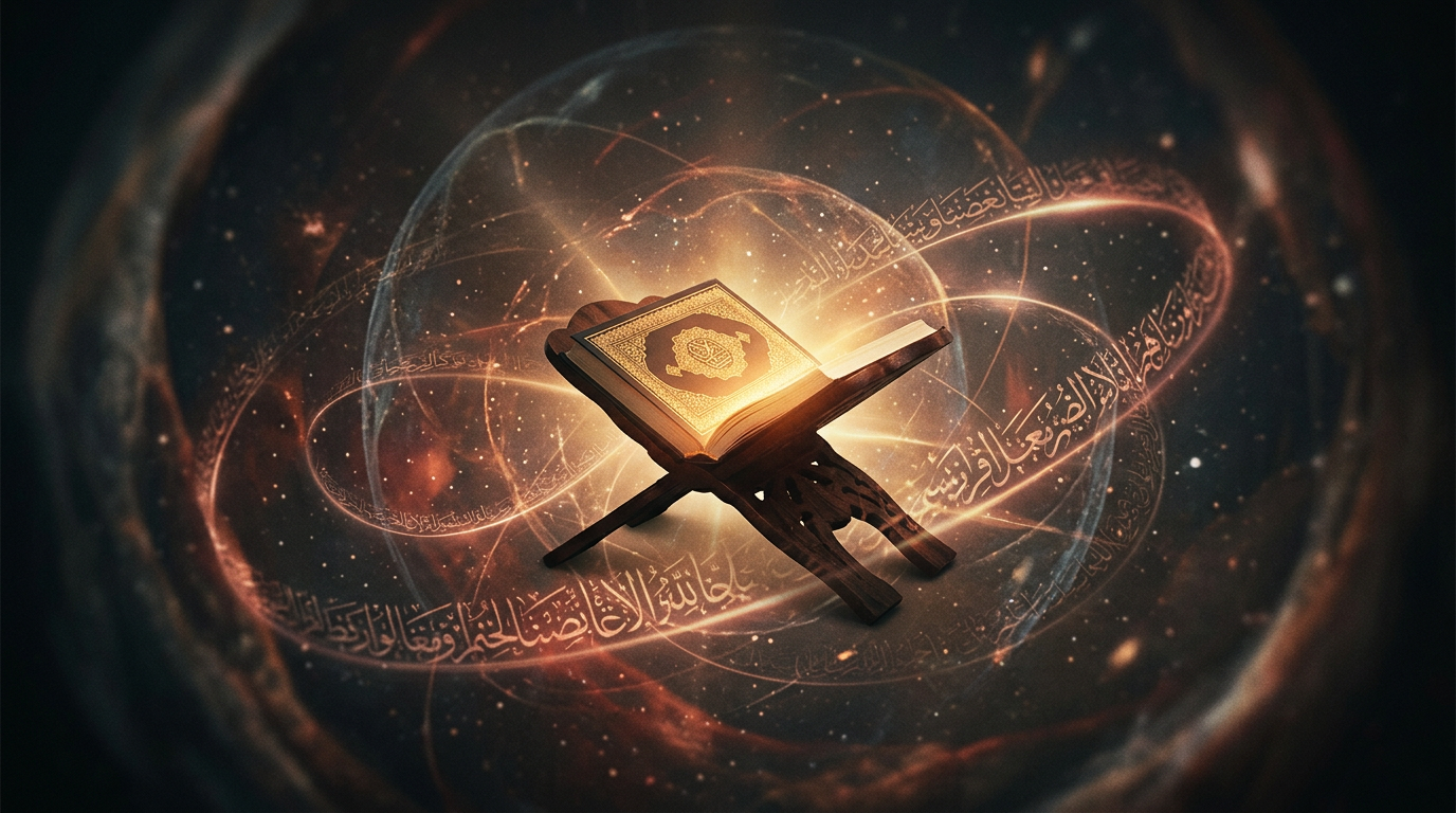 A modern conceptual visual showcasing a glowing Quran illuminated with golden light, surrounded by abstract cosmic structures, quantum particles, and subtle Arabic calligraphy representing abundance