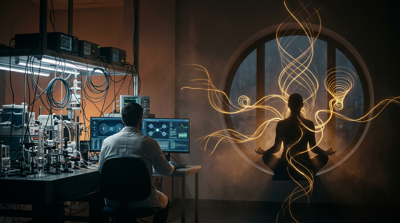 A professional high-tech laboratory background juxtaposed with a serene, meditative human silhouette reflecting golden energy paths, demonstrating the intersection of neuroscience and spiritual prayer