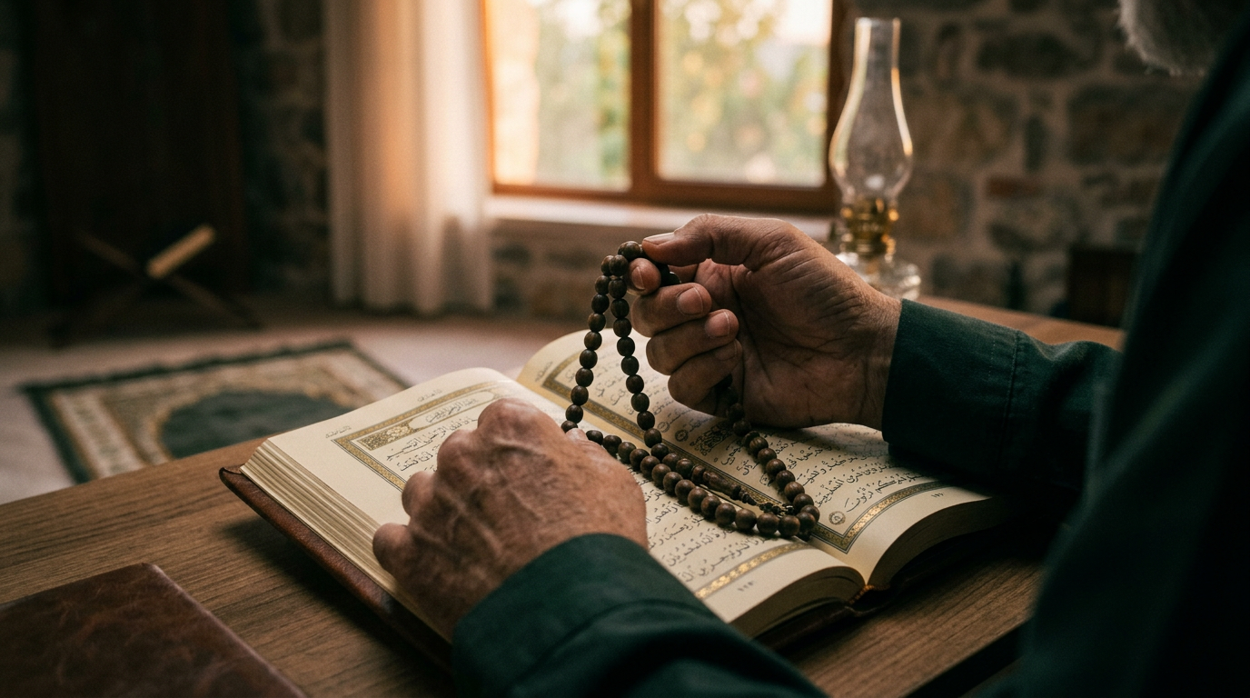 A close-up of hands holding a wooden prayer beads (tasbih) next to an open book with Arabic calligraphy, soft morning light filtering through a window, conveying mindfulness and peace