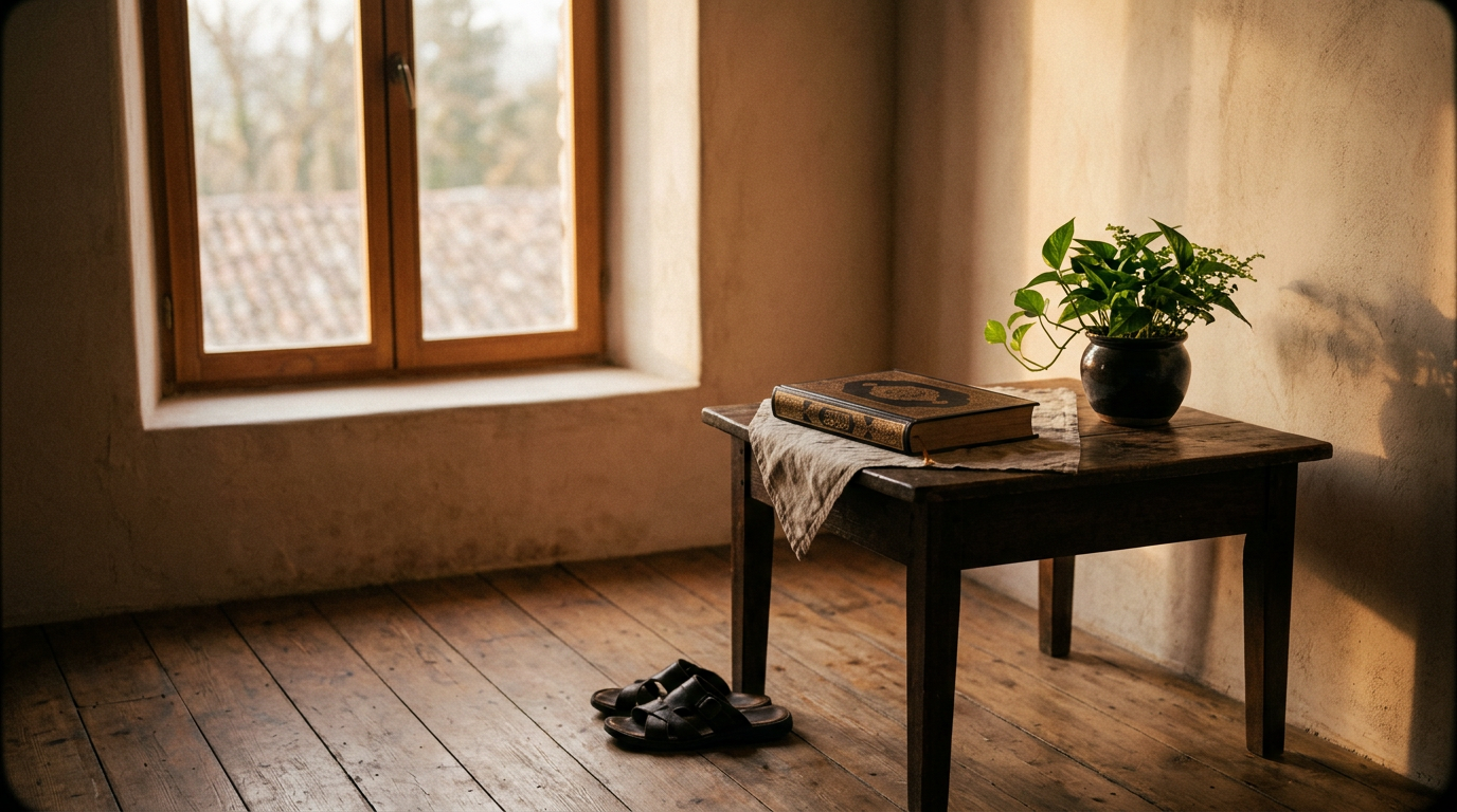 A serene, minimalist room with warm morning sunlight streaming through a window, a single dark wooden table holding a beautifully bound Quran and a small green plant, creating a peaceful and spiritual atmosphere