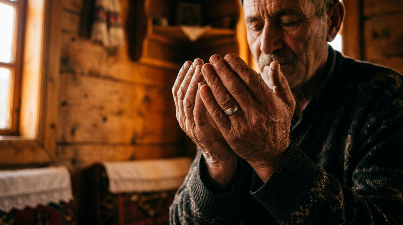 A close-up of hands held in prayer with soft lighting, in a simple and clean wooden room, symbolizing hope, sincerity, and spiritual connection