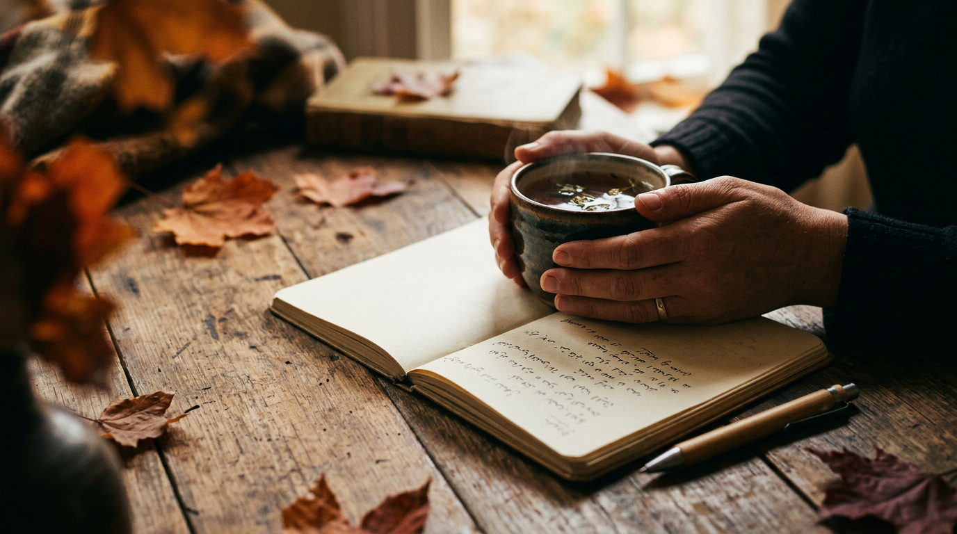 A close-up shot of hands holding a warm cup of herbal tea next to an open notebook containing handwritten prayer verses in Arabic, set on a rustic wooden table with soft autumn light