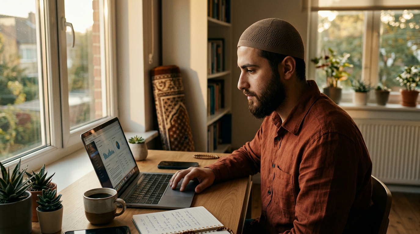 A professional Muslim freelancer working on a laptop at a bright home office desk, with a prayer rug visible in the background and a cup of coffee nearby, warm lighting