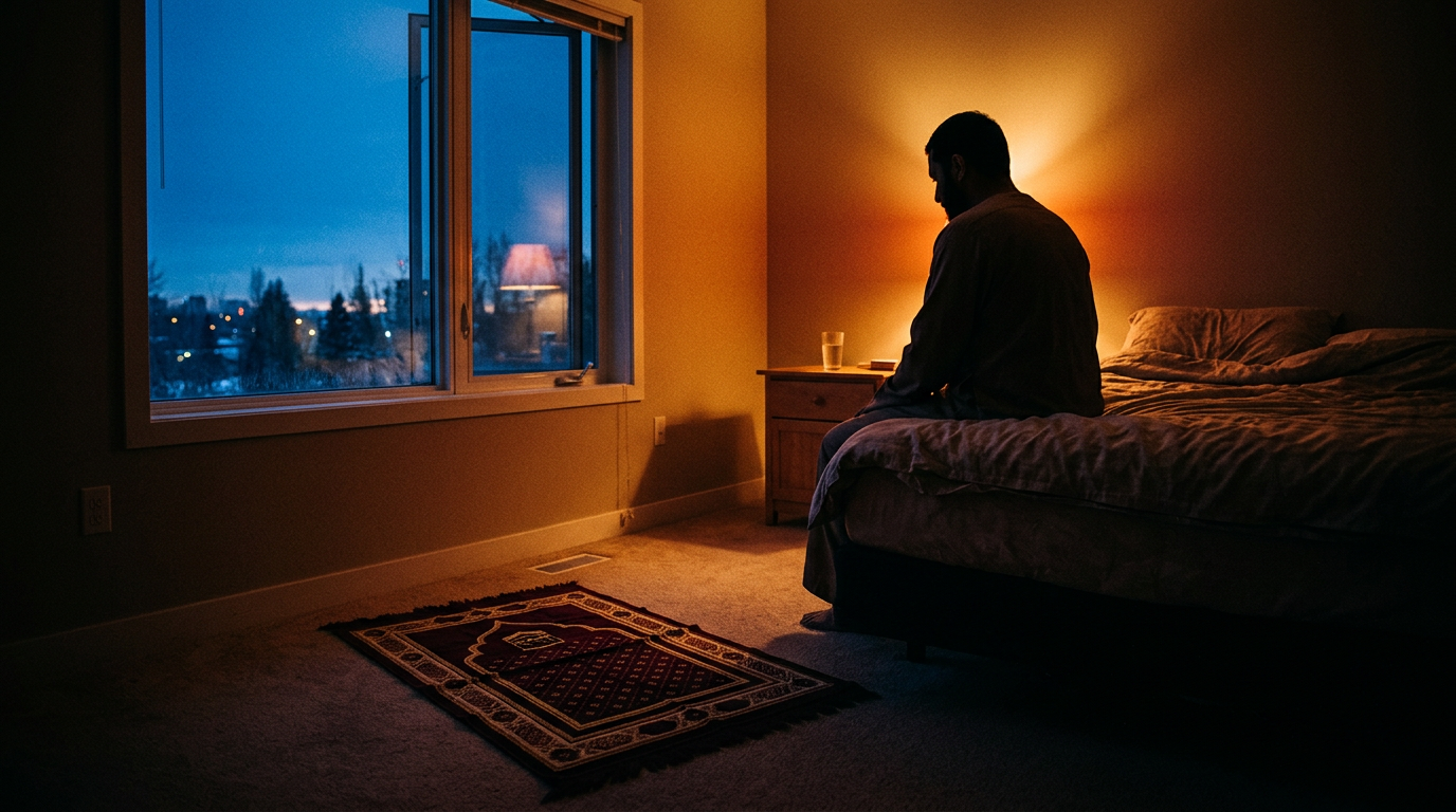 A peaceful bedroom at dawn with warm ambient light, a clean prayer mat laid out on the floor, and a window showing the blue hour before sunrise
