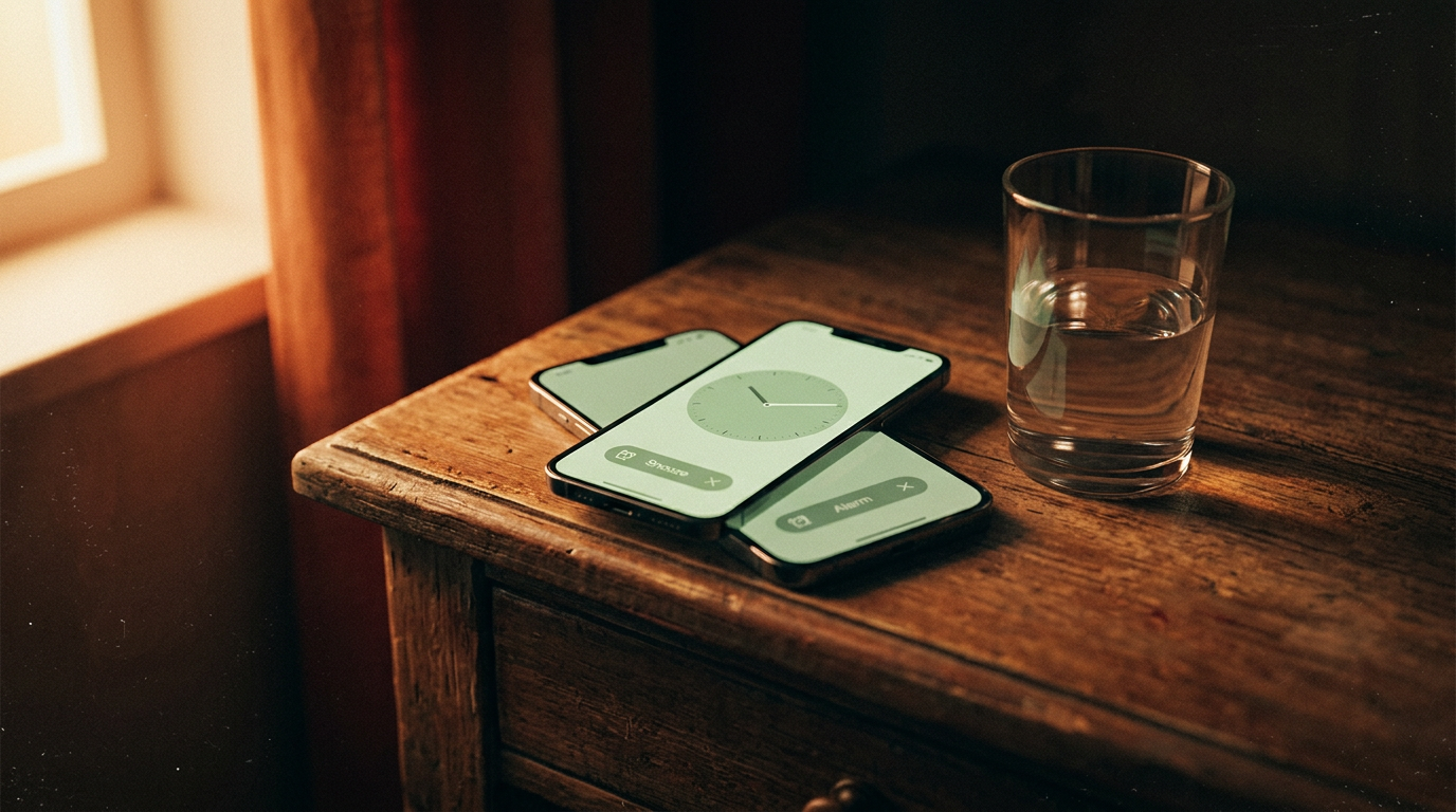 A modern smartphone on a wooden nightstand displaying a smart alarm app interface with soft green colors, next to a glass of water