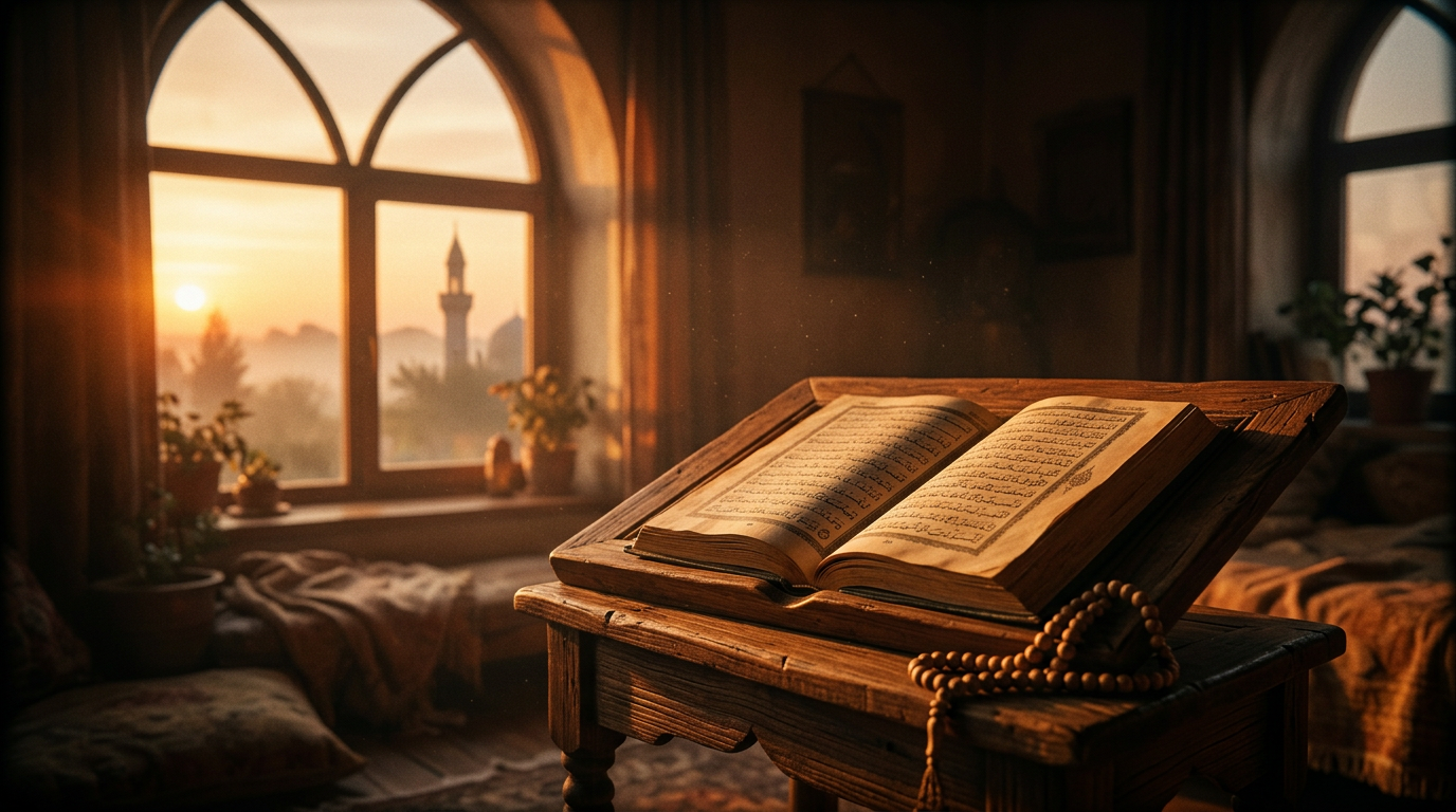 A peaceful and warm scene depicting an open Quran on a wooden book stand near a window during sunrise, with soft morning light illuminating the pages and a subtle, warm glow filling the room