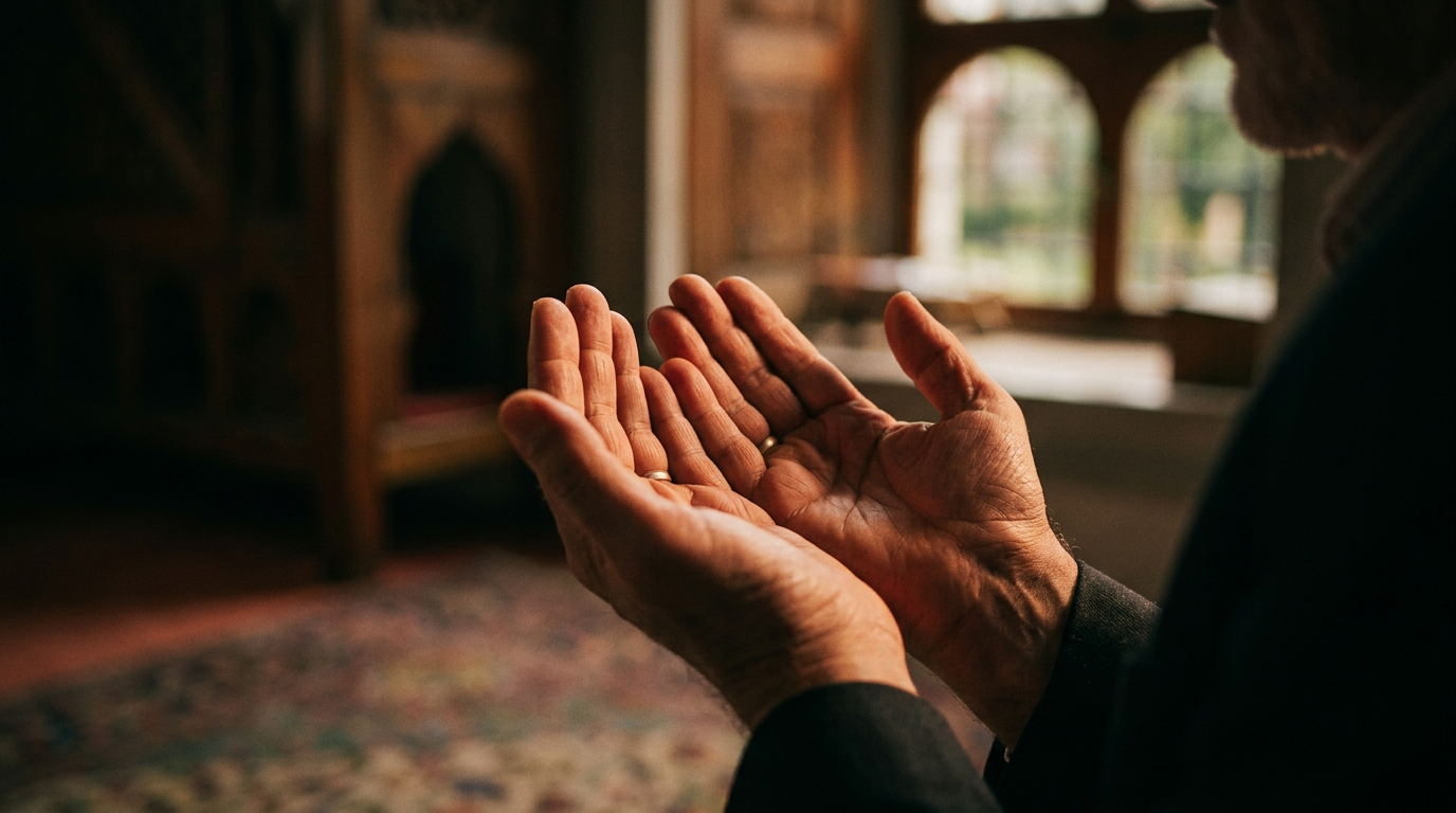 A close-up shot of a person's hands open in prayer (dua) against a soft-focus background of a peaceful garden or a calm interior, representing hope, serenity, and spiritual connection