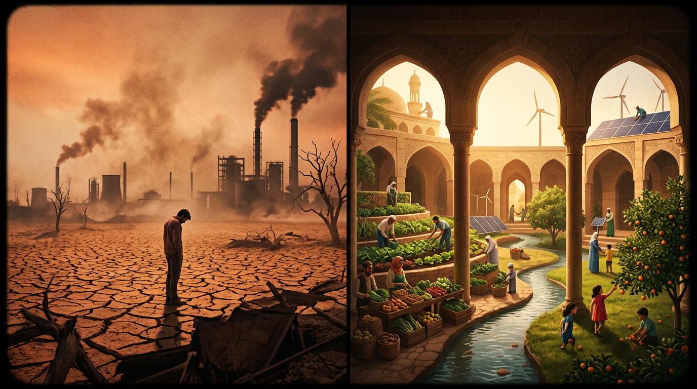 A split screen illustration: on one side, a dry, cracked earth with industrial smog; on the other, a vibrant, sustainable community living in harmony with nature under Islamic architectural arches, representing the choice of stewardship.