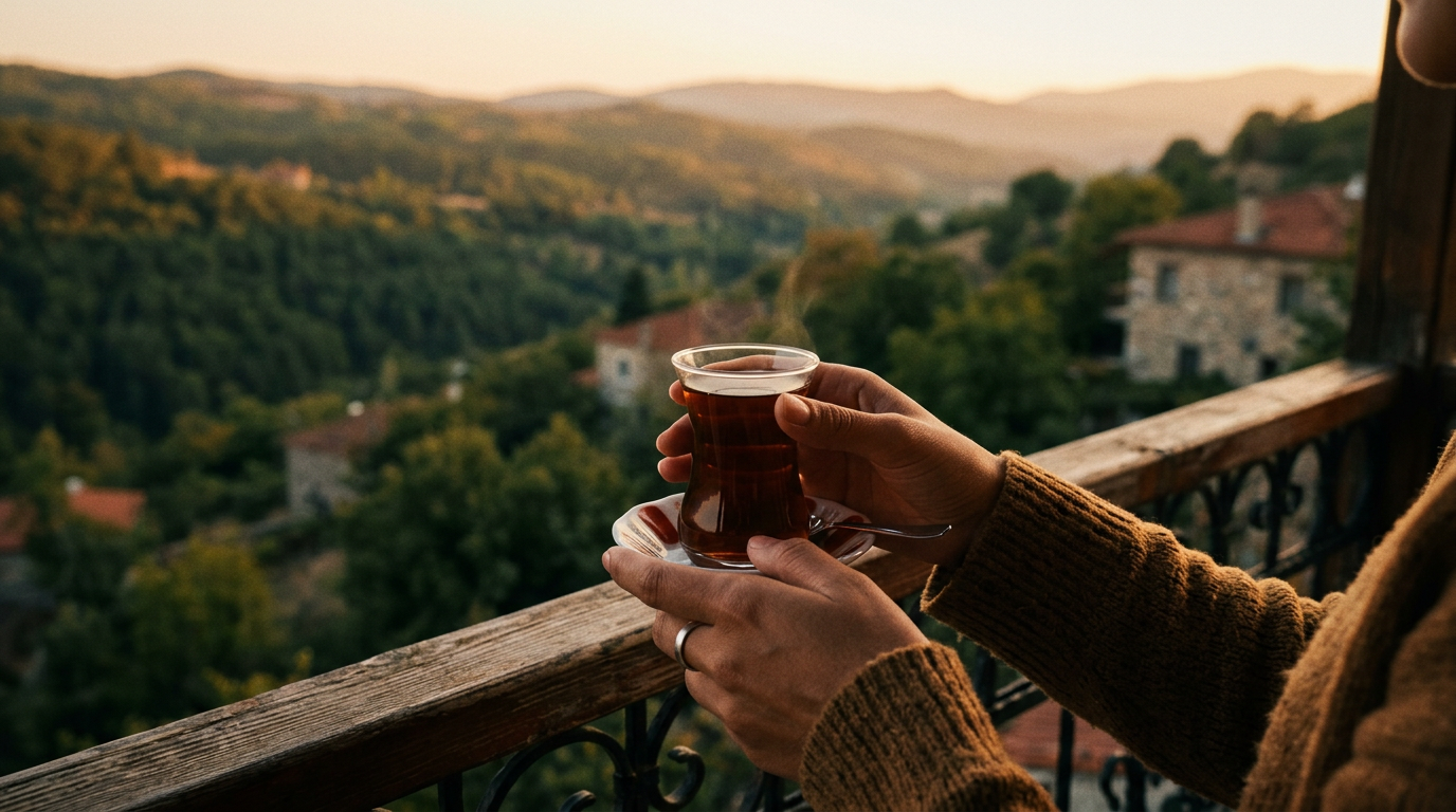 A close-up shot of hands holding a cup of traditional Turkish tea on a rustic balcony, overlooking a calm green landscape, representing reflection and mindful speech